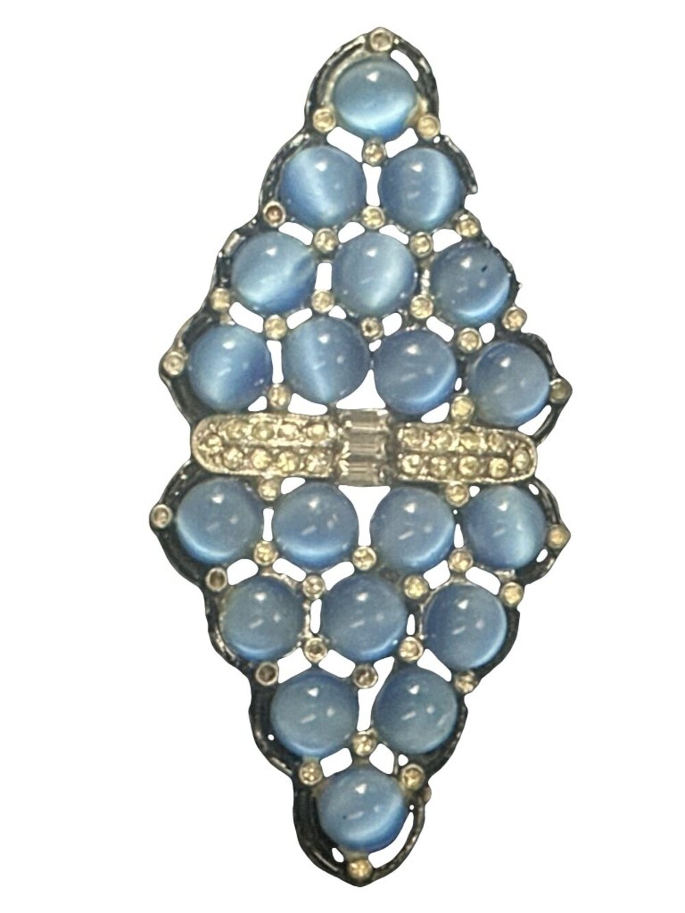 Vintage Blue Cat Eye Beads & White Rhinestones Brooch Pin 2.5" x 1.5" Elegant Si